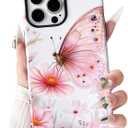 3 x NITITOP Compatible with iPhone 14 Pro Max Case Cute Butterfly Flowers Floral Pattern for Women Girls Glossy Hybrid 2 Layers Back Shockproof Protective Phone Cover - Pink