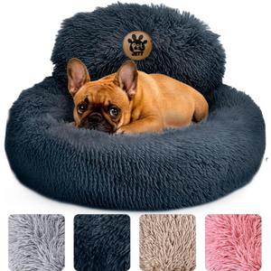 PetJett Small Dog Bed - 23'' Round Dog Beds, Calming Anti-Slip & Washable Puppy Bed - Super Soft Fluffy Plush Faux Fur Pet Bed, Anti-Anxiety Premium Comfort Donut Bed, Fits Dogs upto 25 lbs, Dark Gray