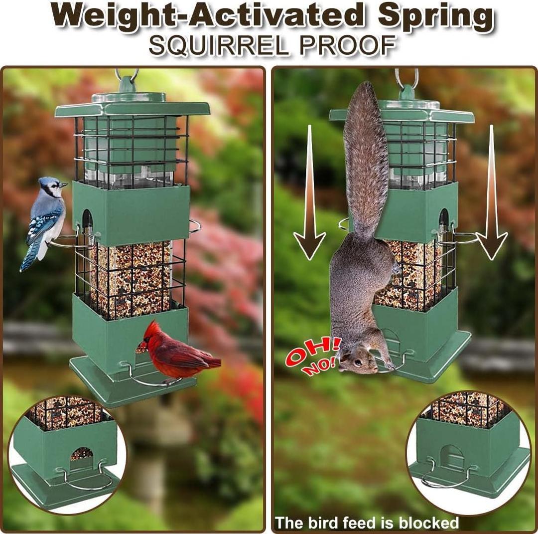 Squirrel Proof Bird Feeder, 3LBS Large Capacity Hanging Bird Feeders with Weight-Activated Perches for Outdoors, Metal Wild Birdfeeder for Blue Jay, Cardinal, Outside (Green)