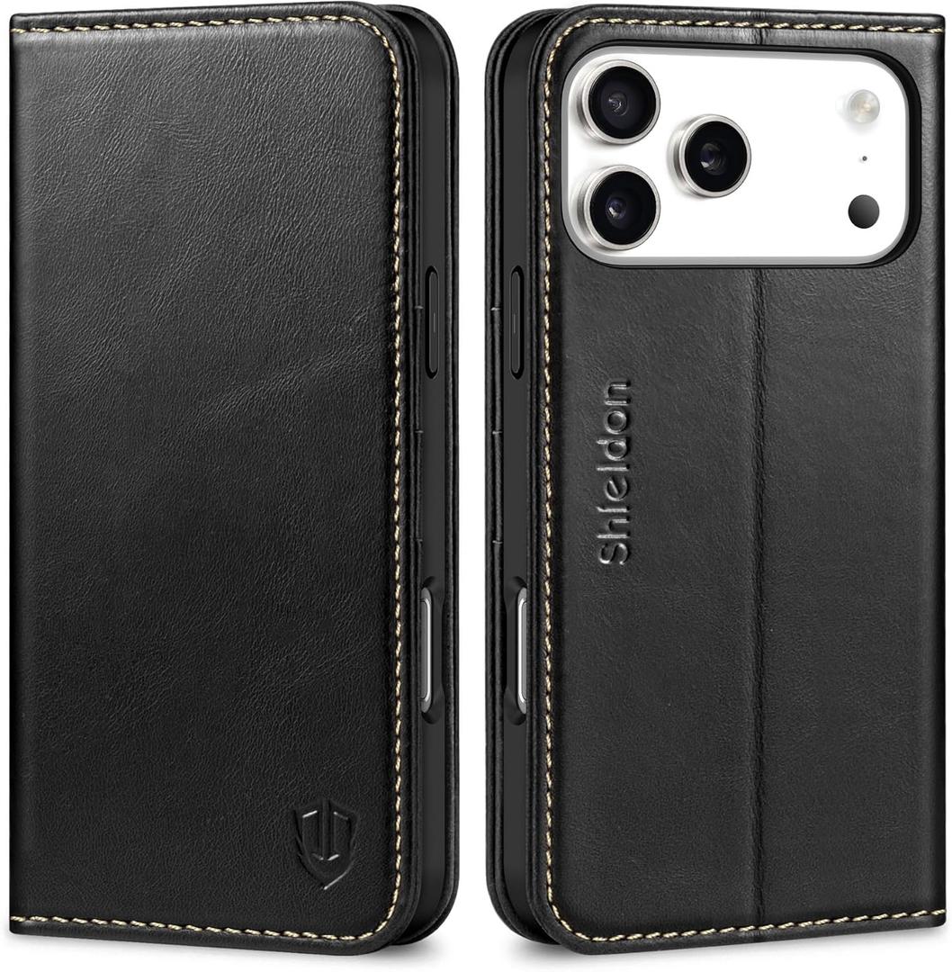 SHIELDON Genuine Leather Wallet Case for iPhone 17 Pro Max 6.9" 2025 | RFID Blocking Card Holder | Folio Magnetic Cover | Kickstand | Full Protective Phone Shell for Women Men | Retro Black