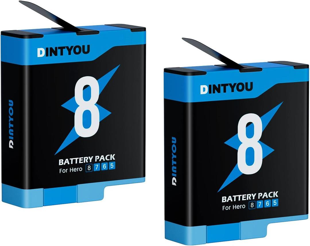 DINTYOU 1500mAh Replacement Battery 2-Pack for Go Pro Hero 8, Hero 7, Hero 6, Hero 5  Rechargeable Digital Camera Batteries, Compatible with AHDBT-501, High-Capacity Backup Power
