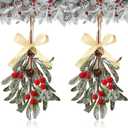 Giegxin 2 Piece Christmas Artificial Mistletoe Ornament with Red Bow Christmas Hanging Mistletoe Decoration Bouquet Floral Natural Pine Cones Holiday Decoration Ornament Bouquet (Gold Style)