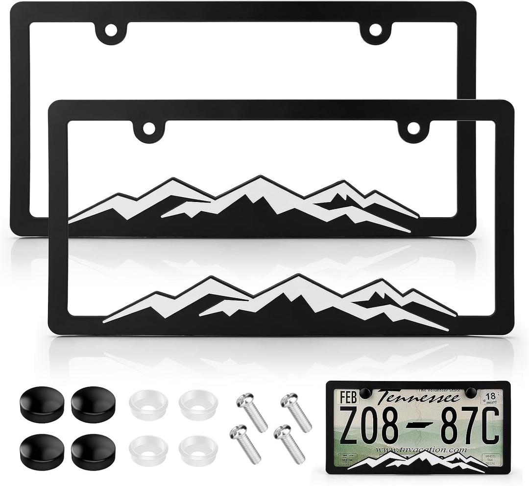XCLPF Mountain License Plate Frames, Plastic License Plate HolderUniversal Car Tag Bracket, Off Road Style License Plate Holder Cover for Mountains Enthsusiast, 2 Packs 2 Hole Rust Proof Heavy Duty (White)