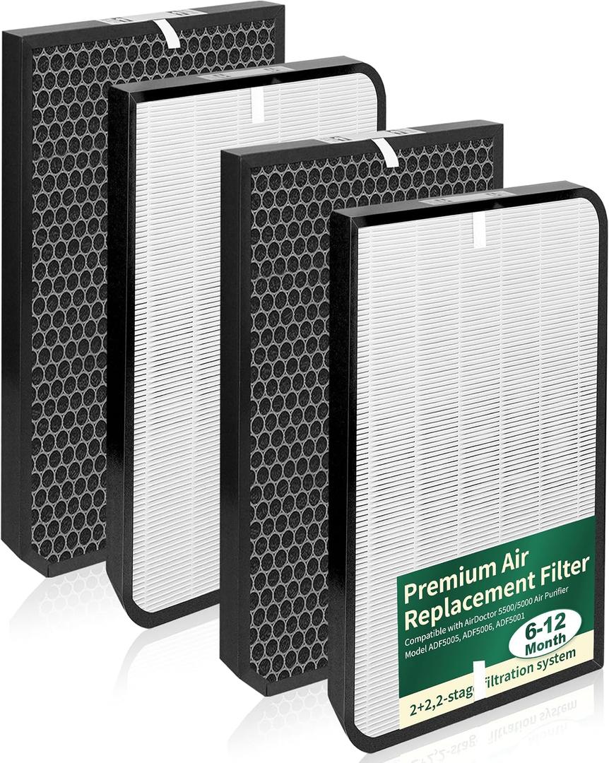 4-Pack AD5500 Replacement Filters Compatible with AirDoctor 5500, 5000, and 5500i Air Purifiers, with 2 Premium Filters & 2 Activated Carbon Filters, Mode Number ADF5005, ADF5006