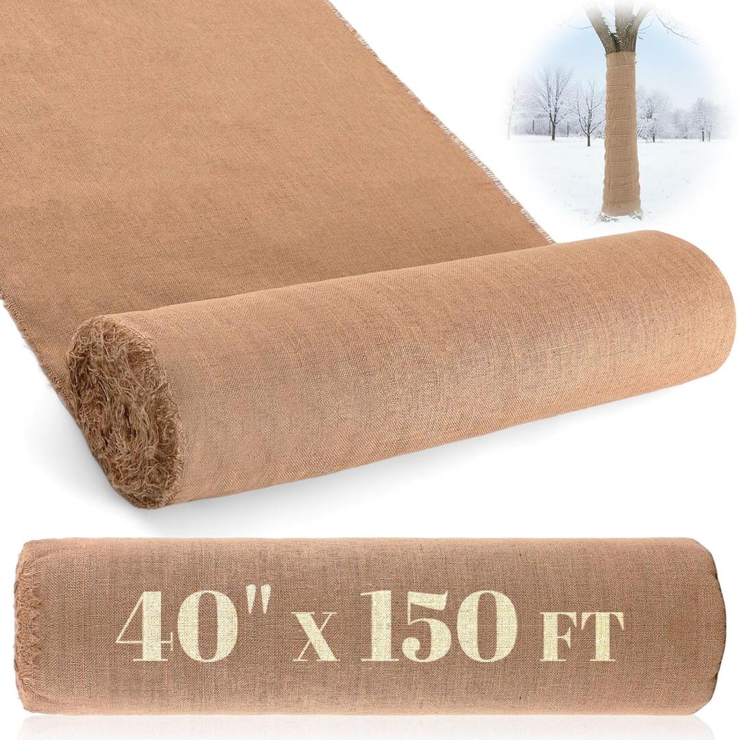 Buryeah Burlap Fabric Roll 40 x 150 ft Gardening High 50 Density Burlap Tablecloth Gift Bags Winter Tree Wrap Runner Wedding Banner Weed Barrier Carpets Plants Natural Jute for DIY Raised Bed Liner