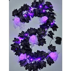 Black Maple Halloween Garland Decor Purple Lights Artificial Wreaths for Wall Fireplace Outdoor Indoor Yard Haunted House Decoration (Skeleton Maple Garlands)