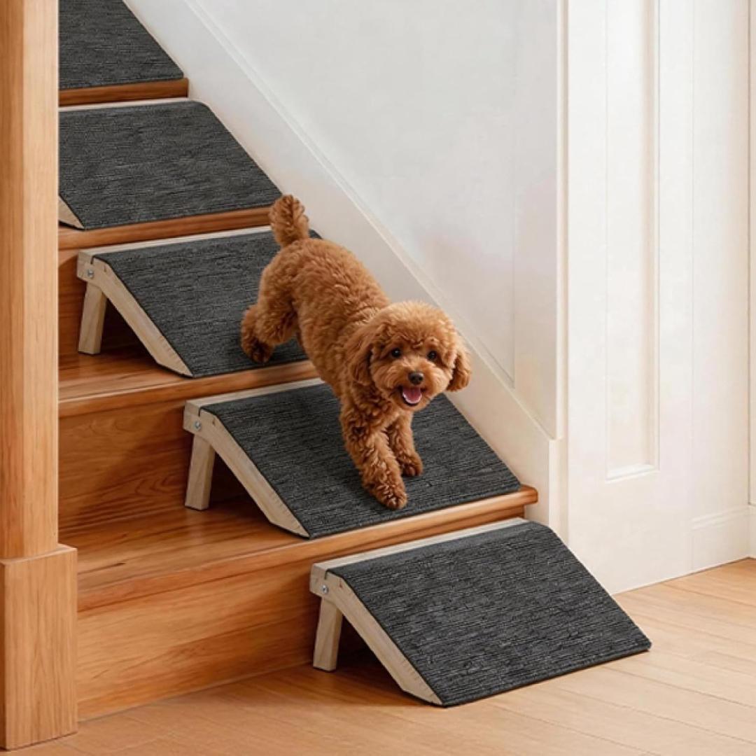 4 x Dog Ramp for Stairs 4 Pack - Adjustable Wooden Stair Wedges for Small Dogs, Foldable Indoor Dog Stair Ramp and Non-Slip Pads for Senior and Short-Legged Pets