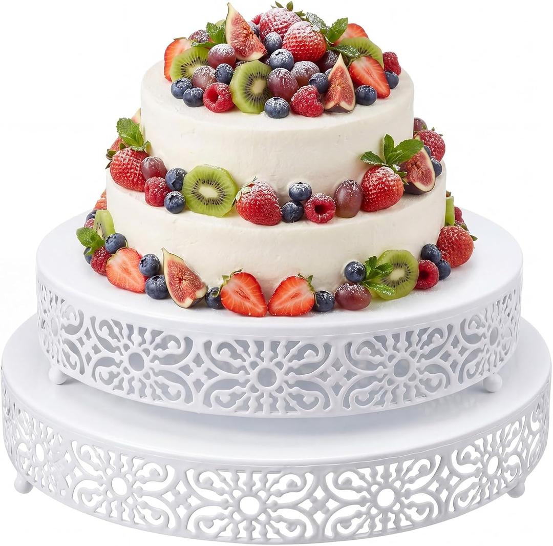Wenqik 2 Pcs White Metal Cake Stand, 14" 16" Large Round Cupcake Stand