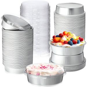 Yinder 120 Pcs 8 oz Disposable Mini Pie Tins with Lids Aluminum Ramekins Foil Pie Pans Egg Tart Cake Baking Pans Individual Round Containers Heat Resistant Oven Safe for Party, Gift(Silver)