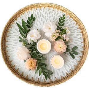 i-lan 16 Inch Round Mother of Pearl Inlay Rattan Platter Tray,Rattan Coffee Bread Serving Tray with MOP Inlay Wooden Base,Decorative Wicker Basket for Table Decor,Storage of Fruit,Candy