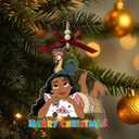 Island Girl with Pig and Rooster Cartoon Christmas Acrylic Ornament, Holiday Decoration, Moana-Style Cartoon Gift for Kids, Boys, Girls, Fans (with Red Bow & Wooden Beads)