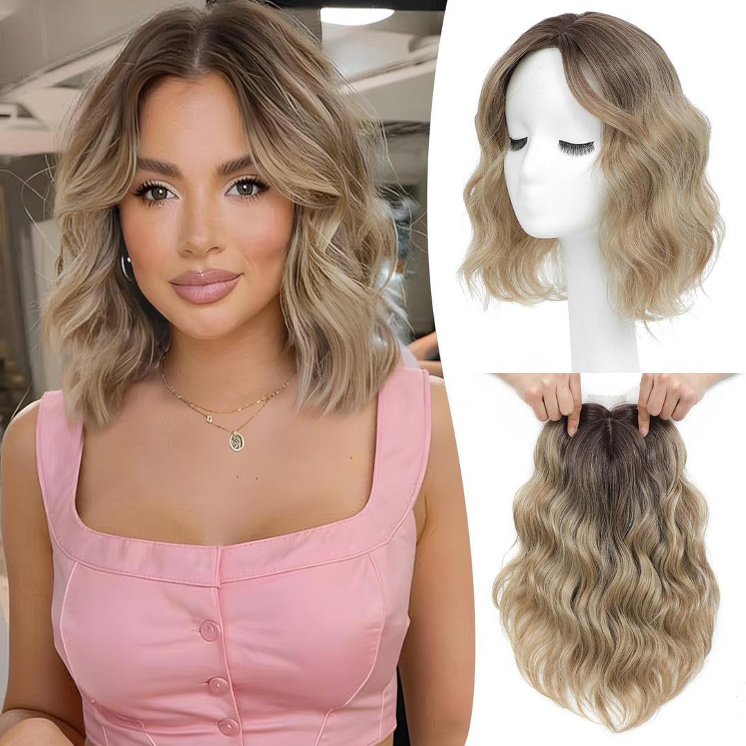 Ms Taj 11 Inch Short Wavy Hair Topper for Women with Thinning Hair, Natural Synthetic Lightweight & Breathable Hairpiece with 6.5"x6.5" Base, Instantly Adds Volume and CoverageOmbre Brown Blonde