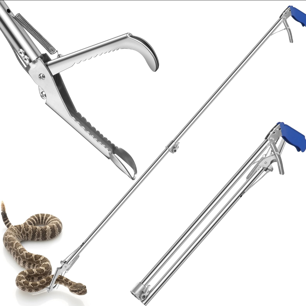 60“ Professional Collapsible Snake Grabber Tool, Stainless Steel Snake Catcher Pole with Heavy-Duty Grabber Heads, Tongs, and Hook Mechanisms for Safe Reptile Control in Gardens or Farms
