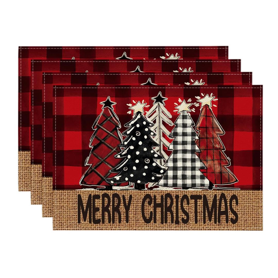 Red and Black Buffalo Plaid Truck Merry Christmas Placemats Set of 7