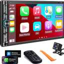 Double Din Car Stereo Compatible with Voice Control Apple Carplay - 7 Inch HD LCD Touchscreen Monitor, Bluetooth, Subwoofer, USB/SD Port, A/V Input, AM/FM Car Radio Receiver, Backup Camera