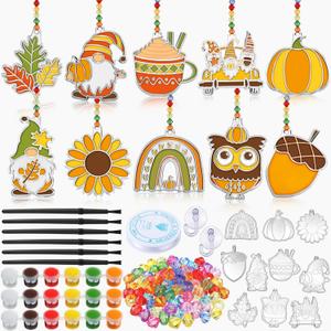 30 Sets Thanksgiving Day Fall Suncatchers Window Art Kits, Autumn Leaf Pumpkin Acorn DIY Sun Catchers Crafts Bulk Window Paint Art Ornaments for Classroom Home Party Activity (Autumn Style)