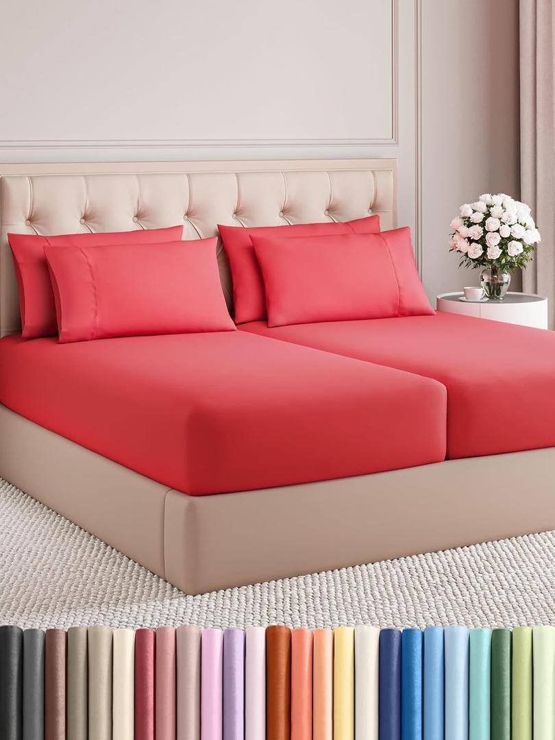 Split King 7 Piece Sheet Set - Comfy Breathable & Cooling - Ultra-Soft Hotel Luxury Bedding Set with 8-16 Inch Deep Pockets - 1 Flat & 2 Fitted Sheet & 4 Pillowcases - Wrinkle Free & Easy Care - Red