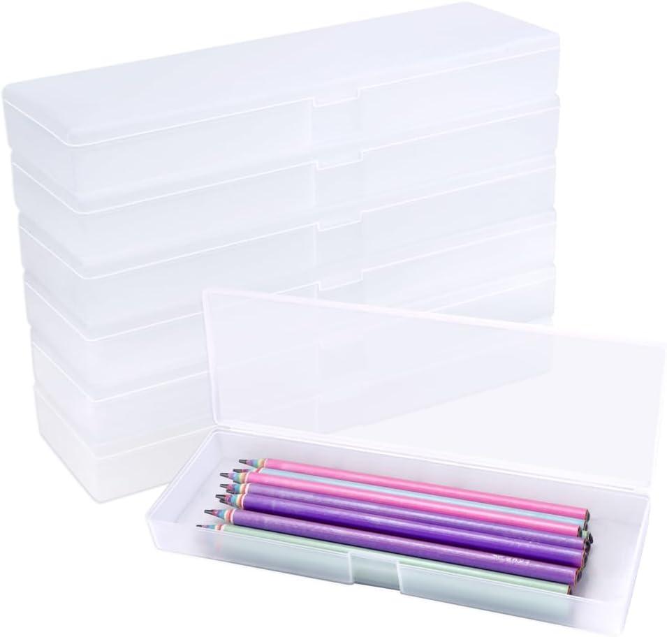 6Pcs Plastic Pencil Case, Frosted Plastic Stationery Case, Extended Clear Pencil Boxes with Hinged Lid and Snap Closure for Pencils, Pens, Drill Bits,Ruler, School Office Supplies White