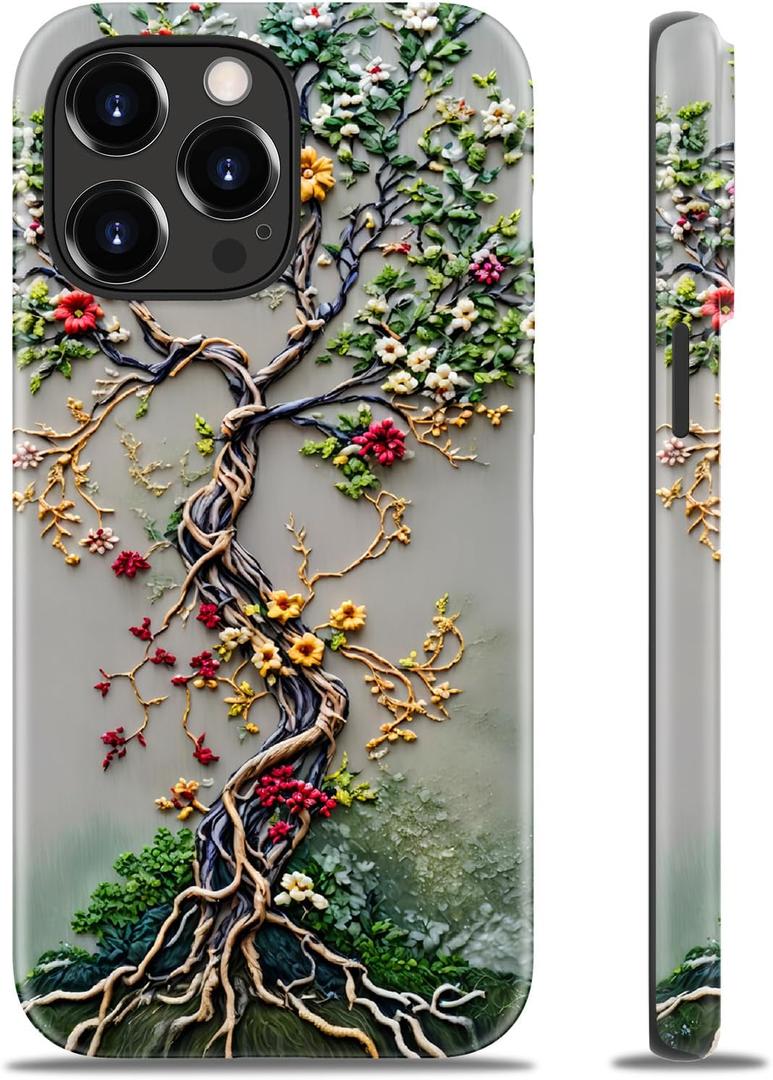 for iPhone 13 Pro Case Cute - Wireless Charging Compatible - Dual-Layer Hard Shell + Silicone Cover - Protective Phone Case Aesthetic Trendy Designs for Women - Tree of Life