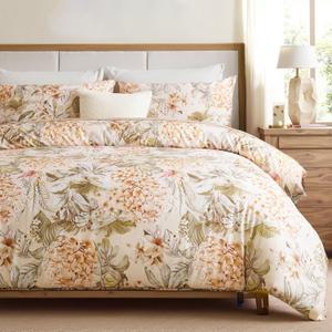 Cozaline 100% Cotton Duvet Cover King Size  Hydrangea Lily Floral Duvet Cover Set with Zipper Closure & Corner Ties, 3-Piece Silky Soft & Breathable Apricot Bedding Set for All Seasons