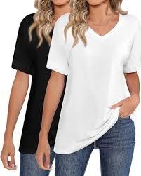 Huukeay 2 Pack Women Deep V Neck Slim T Shirts Summer Basic Short Sleeves Tees M