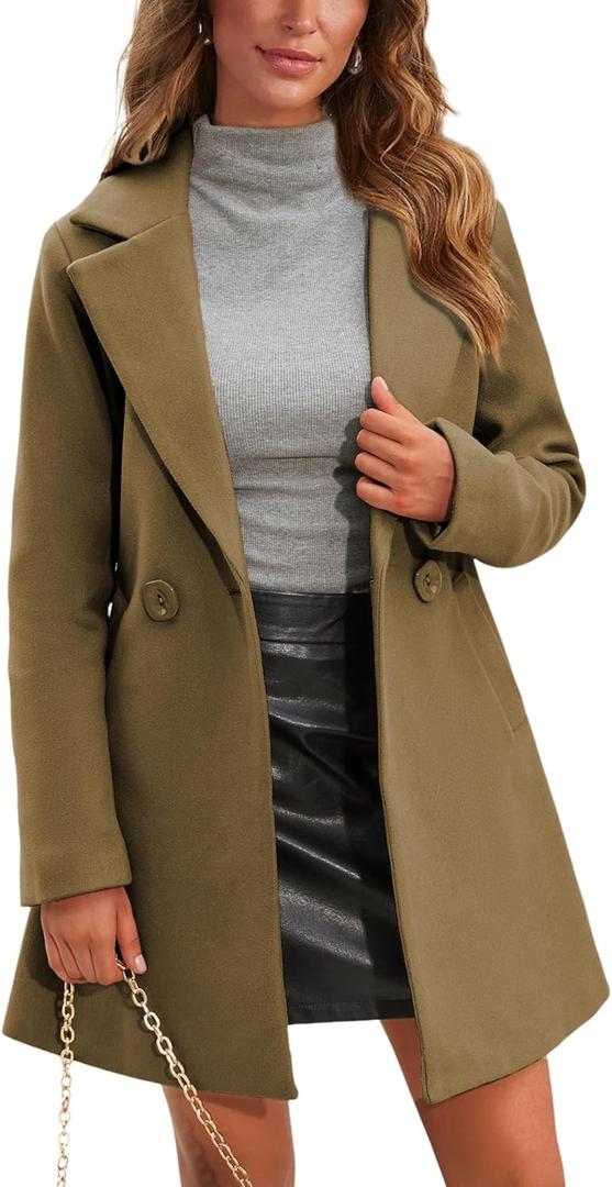 Springrain Women's Wool Pea Coat Notched Collar Double Breasted Midi Long Trench Coat Outwear (Large, Camel)