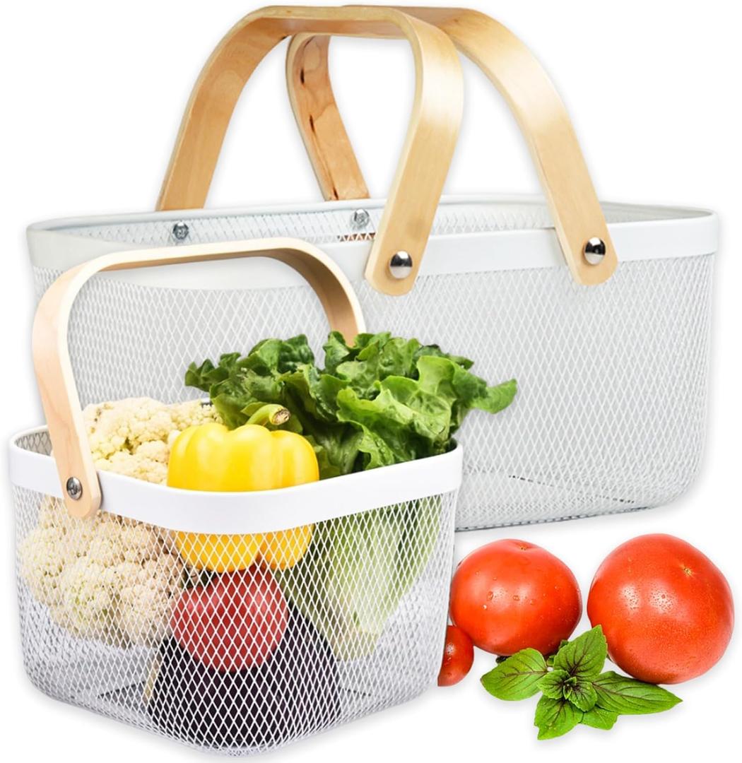 Cheardia 2 Pack Picnic Baskets, Metal Mesh Harvest Basket with Foldable Wooden Handle, Rectangle Garden Storage Basket Bin for Vegetable Fruit Garden Kitchen Cabinet Picking Gathering, White