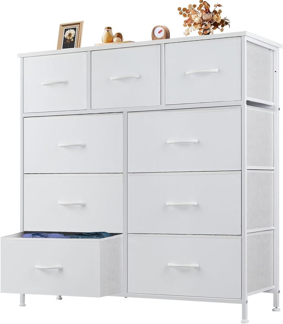 OLIXIS 9 Drawer Storage Dresser with Wood Top - Wide Fabric Chest Organizer for Bedroom, Closet, Living Room, Tower Cabinet, TV Stand, Hallway Entryway Furniture, Bright White