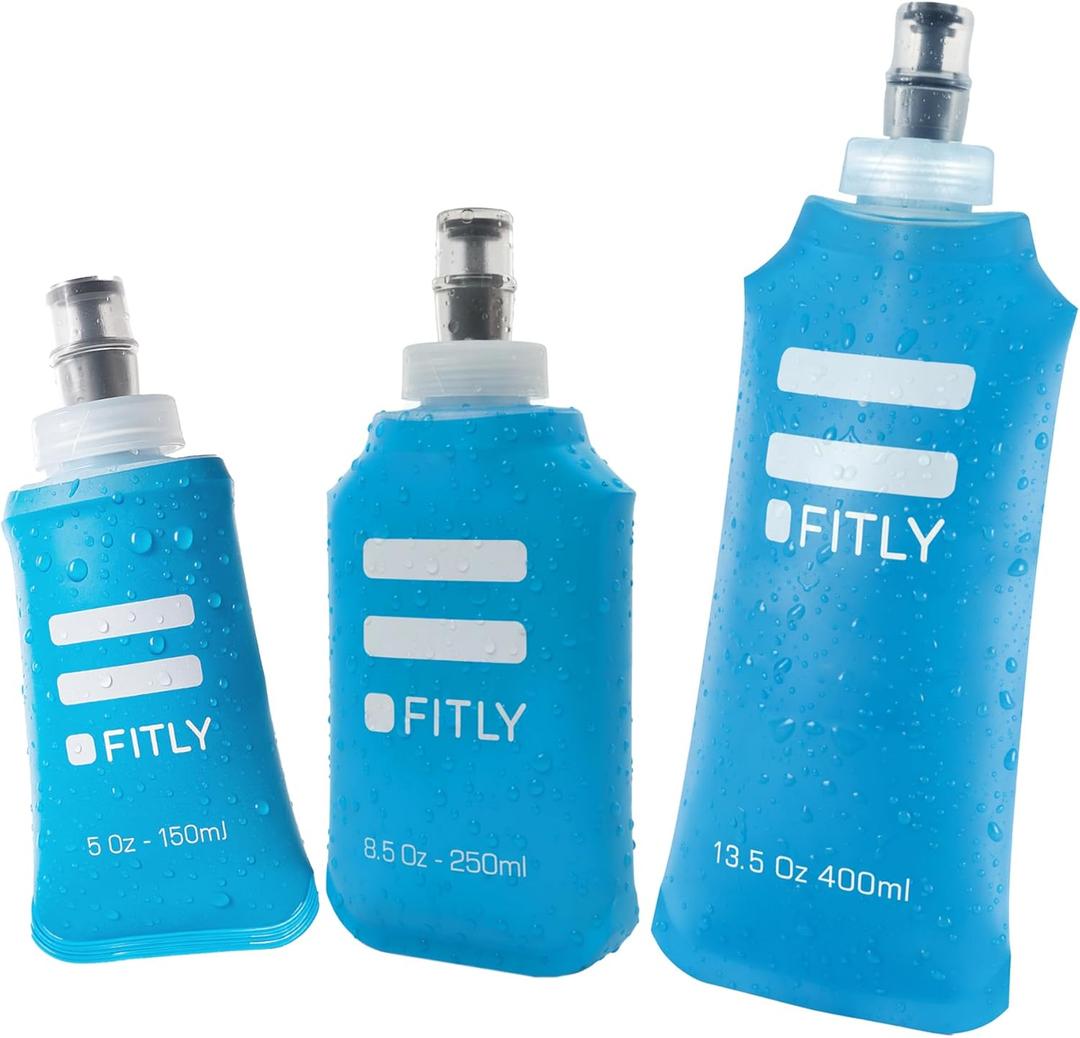 FITLY FLASKS Combo - 3 Handheld Soft Flask, Collapsible Water Bottles for Running, Marathon, Hiking, Cycling (5 oz, 8.5 oz, 13.5 oz / 150-250-400 ml) (Blue)