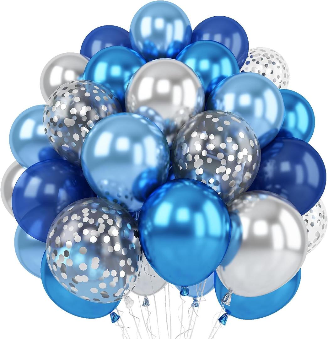 2 x Blue Silver Balloons Set, 12 Inch Blue and Silver Balloons Dark Navy and Confetti Party Latex Balloon, Macaron Metallic Baby Blue Mixed Balloon for Birthday Graduation Baby Shower Wedding Retirement