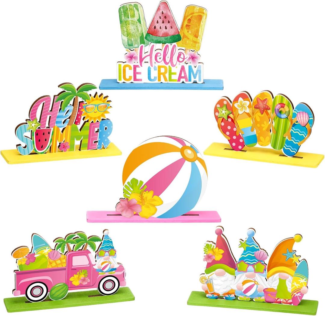 Bememo 6 Pcs Hello Summer Table Decorations Sign Summer Gnome Wooden Table Centerpieces Beach Hawaii Table Decor Ice Cream Colorful Table Topper Sign for Summer Pool Tropical Party Supplies
