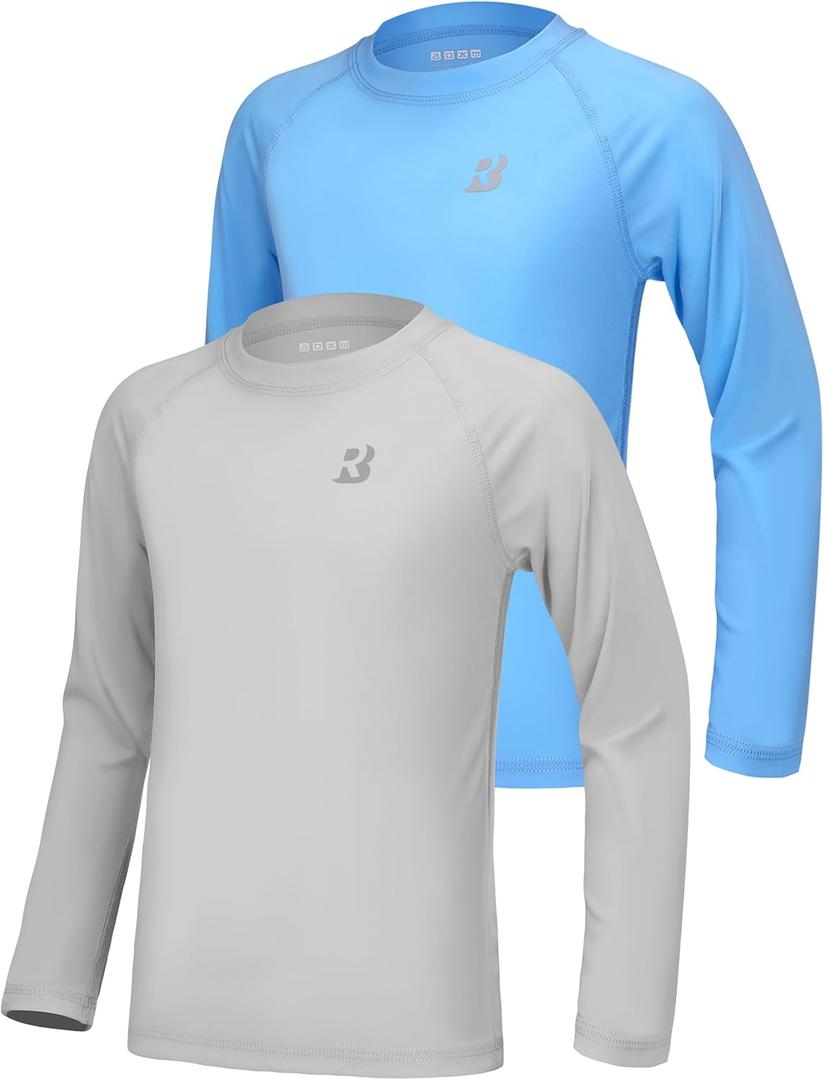Roadbox Boys UPF 50+ Rash Guard Swim Shirt, 1 or 2 Pack Sun Protection Long Sleeve Shirts, Kids UV Rashguard for Beach Surf (Large, 2 Pack: Medium Blue+grey)
