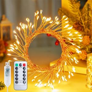 Fairy Lights Plug in, 16.4Ft 200 LED USB Firecracker Twinkle Lights with Remote and Timer, Silver Wire Cluster String Light for Bedroom Indoor Wreath Party Wedding Christmas Decoration, Warm White