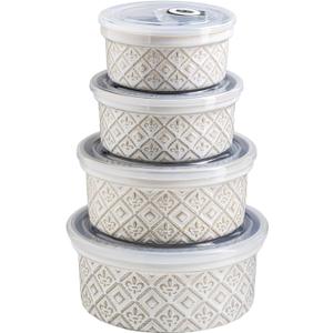 Airtight Food Storage Containers with Lids Mixing Bowls Set, Ceramic Serving Bowls with Lids Set of 4, 12/16/28/40 oz Stackable Nesting Salad Bowls for Cooking, Baking, Ramen - Beige