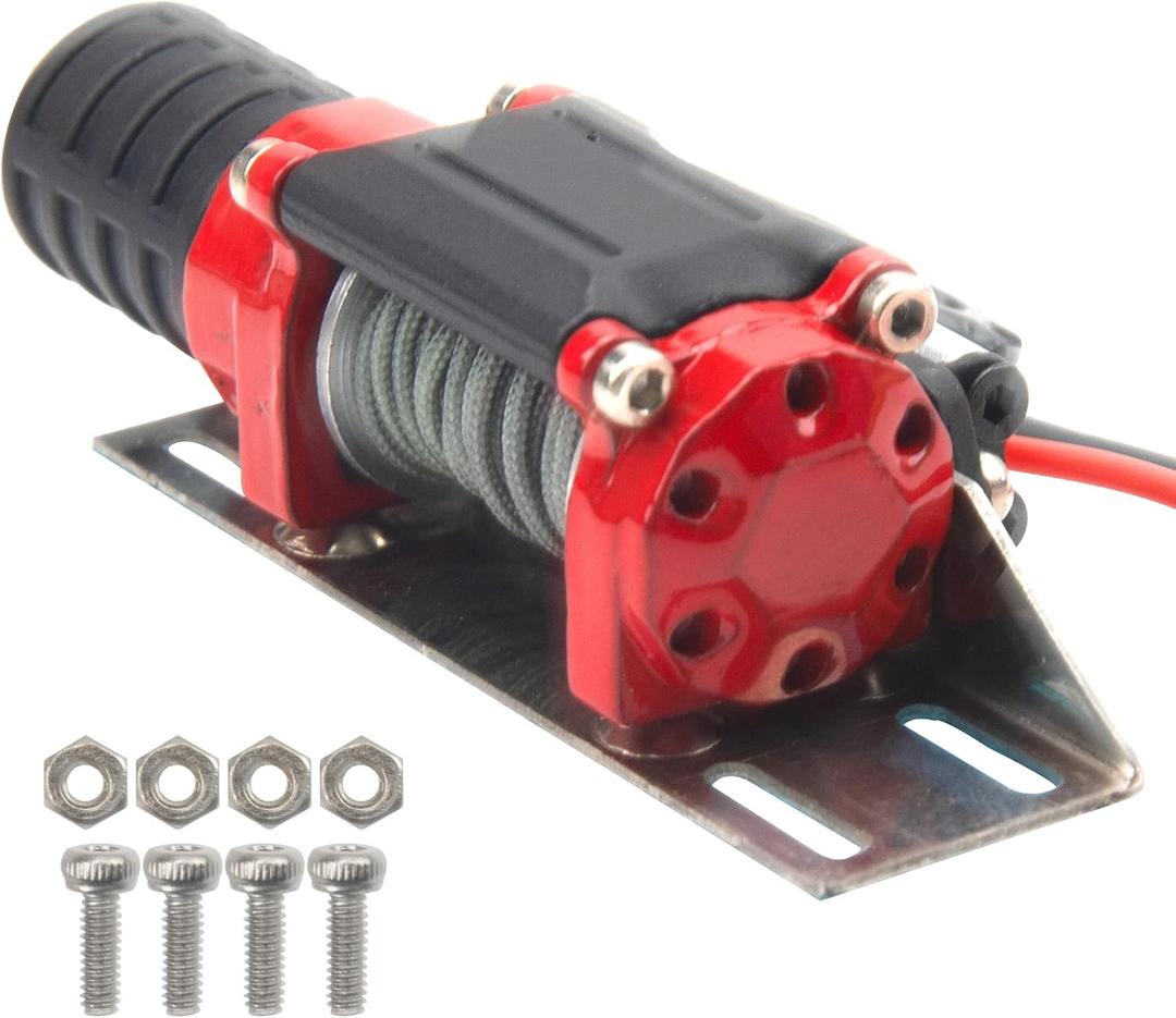 RC Crawler Winch w/Steel Wire Compatible with Traxxas TRX4 Axial SCX10 90046 RC4WD D90 Redcat Gen8 1/10 RC Crawler Car Option Part (Red)