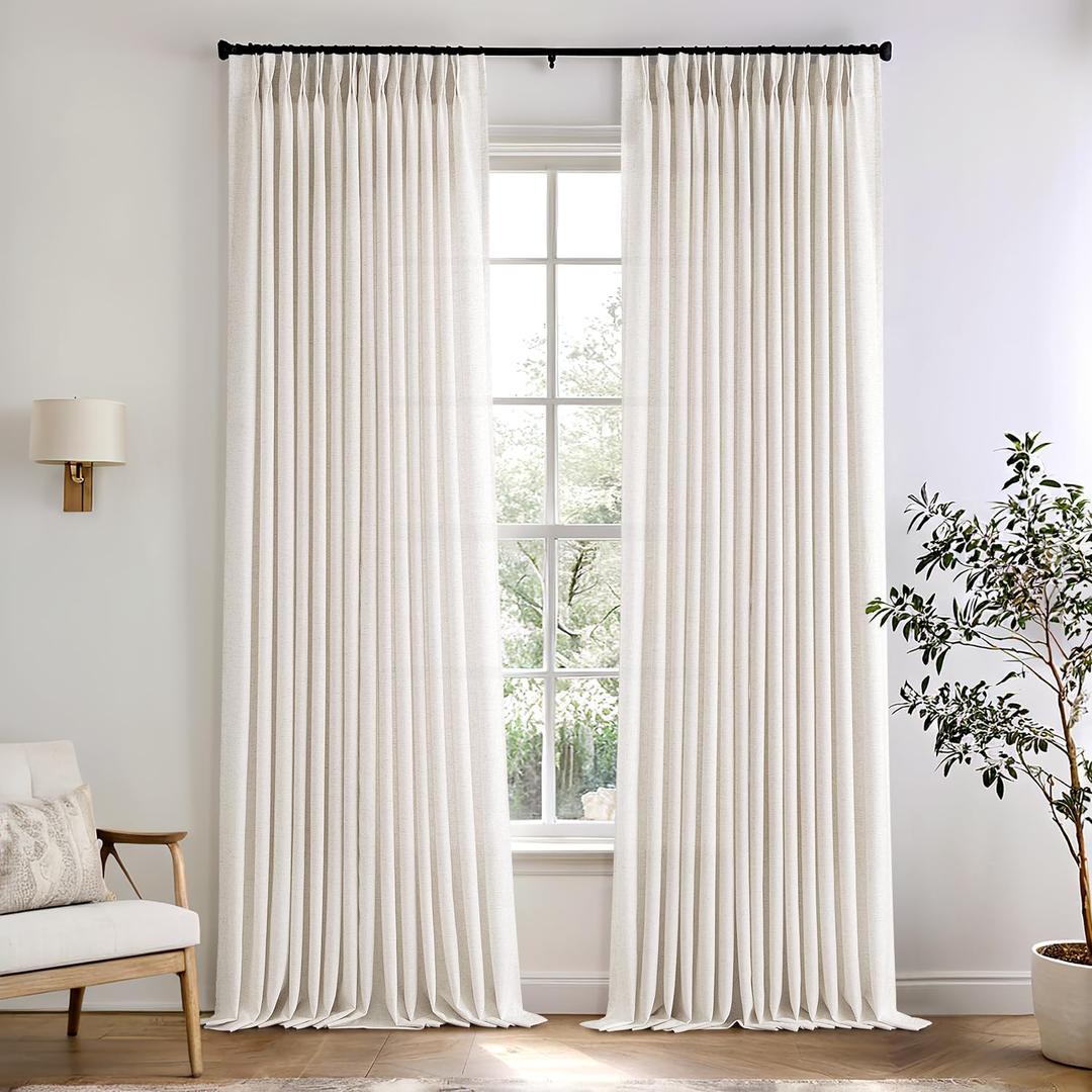Memory Trained Pinch Pleated Curtains 96 Inches Long, Viral Linen Pinch Pleat Sheer Curtains with Ring Hooks&Clips for Track System Living Room, Natural Light Filtering Privacy Curtain 2 Panel Set