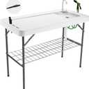 Folding Fish Cleaning Table Portable Camping Sink with Faucet Drainage Hose & Sprayer Outdoor Fillet Station Grid Rack Knife Groove for Picnic Fishing, Black