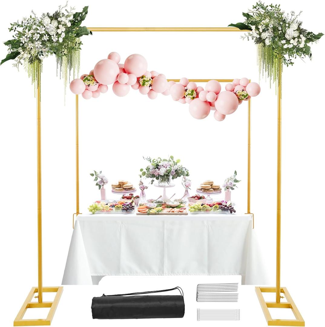 8.2FT Square Backdrop Stand, Wedding Arch Heavy Duty Adjustable Stand, Over The Table Rod Stand with Clamps, Metal Gold Garden Balloon Frame for Baby Shower Parties Decor(Two Person Installation)