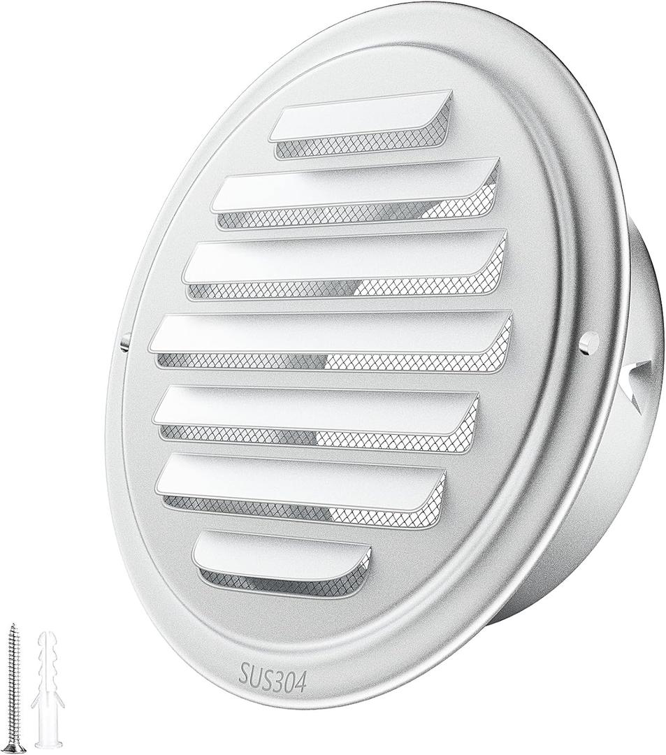 4inch Round Shiny Silver Paint Cement Wall Pipe Vent Cover - Weatherproof Exterior Vent Cap, Insect-Proof Ventilation Cover for Industrial Style Flat Ducting Air Vent with Fly Screen Mesh