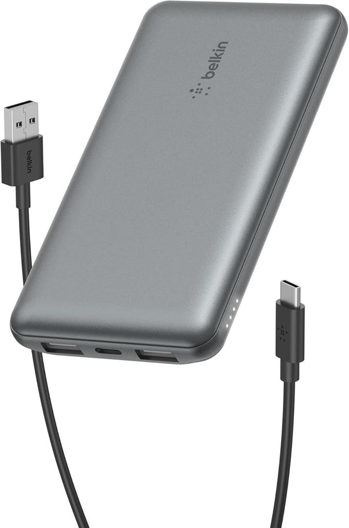 Belkin Portable Charger, USB C Power Bank 10000 mAh w/ 2xUSB-A Ports, 15W w/Type-C to Type-A Cable for iPhone 17, Air, Pro, Samsung Galaxy S25, iPad, Nintendo Switch 2, Google Pixel 10, etc. - Gray