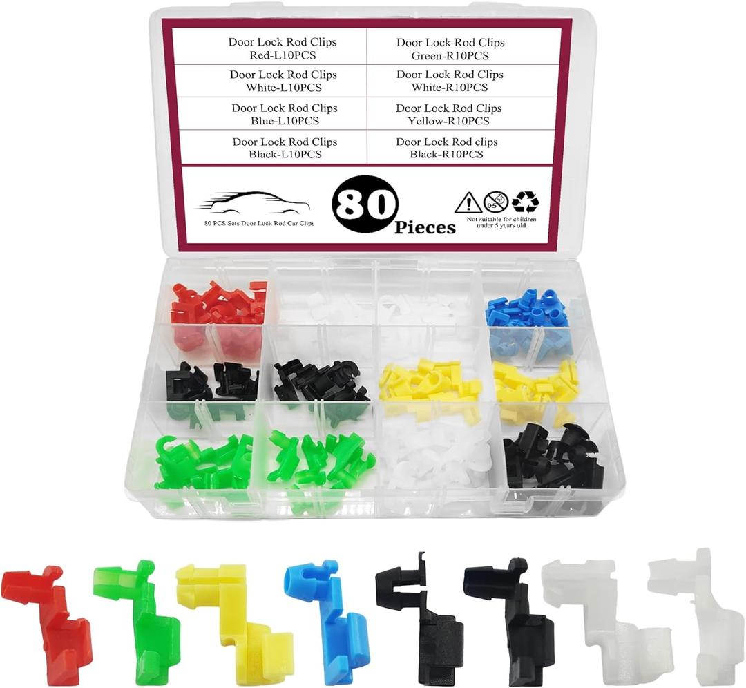 80PCS Door Lock Rod Car Clips Assortment Kit, Door Install Clips, Tailgate Handle Rod Clip, Car Accessories Left and Right Door Handle Rod End Clip Retainer Compatible with Most Vehicles