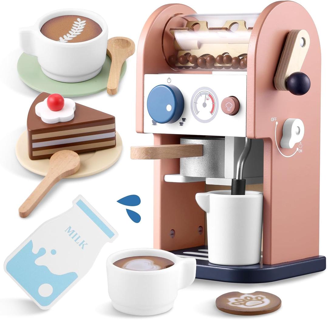 GAGAKU Wooden Coffee Maker Toy 14 pcs Play Kitchen Accessories Toy Coffee Maker for Kids Pretend Playset Toddler Coffee Maker Gifts for Boys and Girls (Coral Brown)
