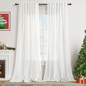 Semi Sheer Linen Curtains 90 Inches Long for Living Room 2 Panels Set Back Tab Pocket Ivory White Tall Vertical Curtains Luxury Light Filter Privacy Curtain Drapes for Bedroom Aesthetic 52X90