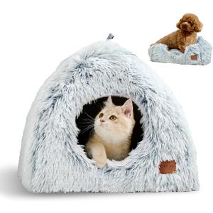 CATISM Cat Bed, Cat Cave for Indoor Cats, Soft Cat Dome, Self-Warming 2 in 1 Foldable Pet Cat House with Washable Cushioned Pillow Calming Fluffy Dog Beds for Small Dogs with Anti-Slip Bottom Gray