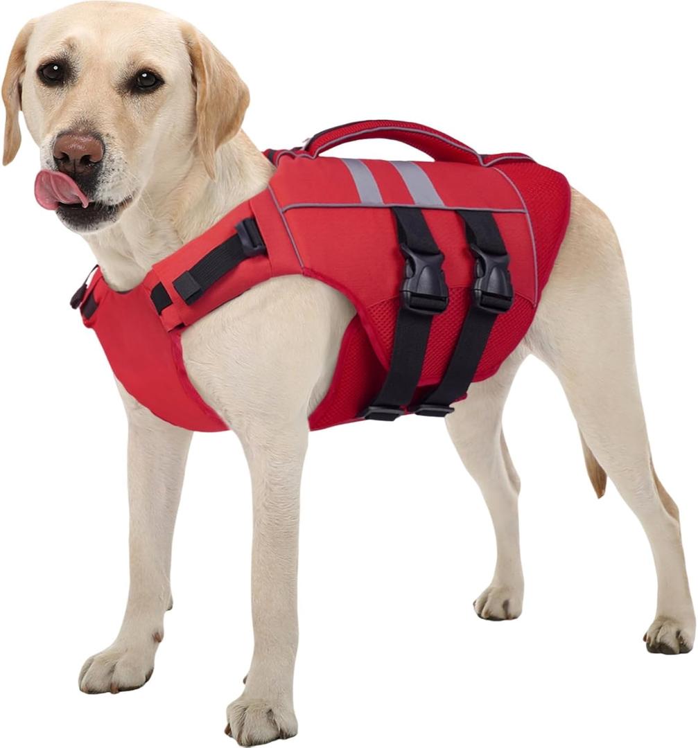 Kuoser XL Dog Life Jacket, Large High Flotation Dog Life Vest for Swimming Boating, Reflective Dog Swimming Vest Pet Life Preserver with Rescue Handle, Red (Chest Girth:25.9-33.4''))