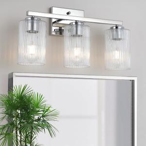 3 Light Silver Chrome Bathroom Vanity Light Over Mirror, Modern Vanity Lighting with Texture Glass Shade, Wall Mount Bathroom Light Fixtures, E26 Base