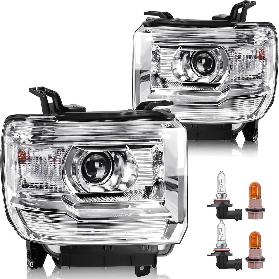 Headlight Assembly Compatible with GMC Sierra 2014-2018 1500 | 2015-2019 2500HD/3500HD Base/Denali/SLE/SLT, Halogen Headlamp Replacement W/O LED DRL, With Bulbs, Chrome Housing White Reflector