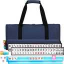 American Mahjong Tile Set,166 White Tiles Mahjong Set,4 Colors Mahjong Racks,Travel Mahjong Set with Blue Carrying Bag, Blue 