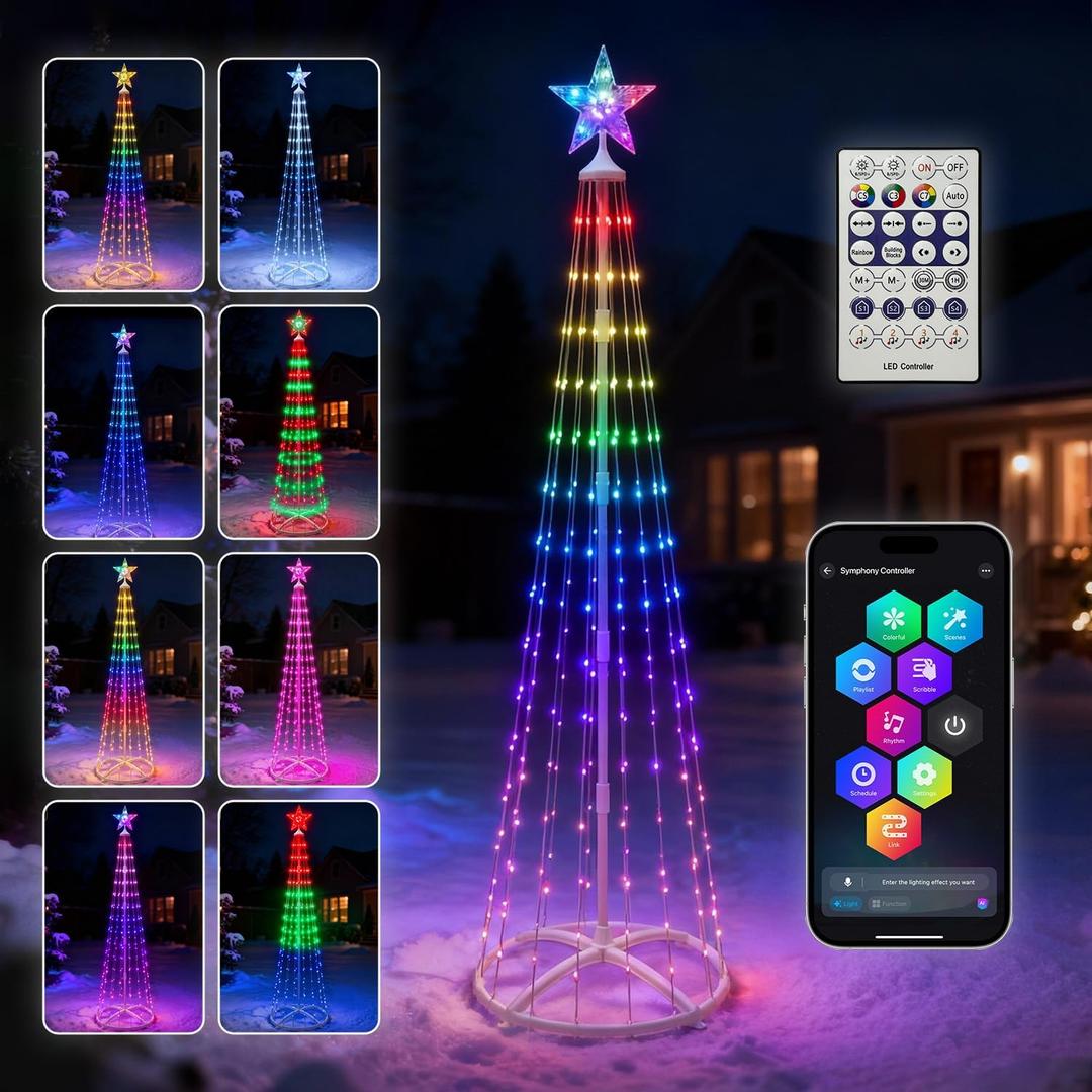 6FT Smart Christmas Tree Outdoor Decorations, Prelit 250 LEDs Color Changing Cone Christmas Tree with Lights for Yard Decor, App&Remote Control, DIY Multicolor Lightshow, Music Sync, 82+ Modes
