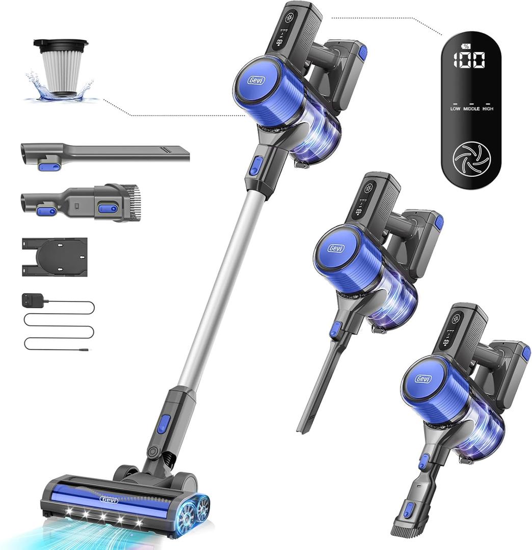 Gevi Cordless Vacuum Cleaner for Home, Stick Vacuum with Powerful Suction Design, LED Display, Long Runtime Detachable Battery, Deep Clean for Hard Floor Carpet [2024 Upgraded]